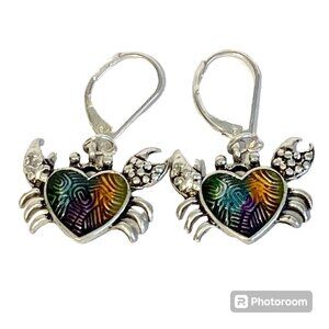 Crab Earrings Dangle Silver Plated Enamel Sea Life Beach Island Zodiac Cancer